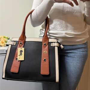 leather handbag with multiple compartments and long adjustable shoulder strap